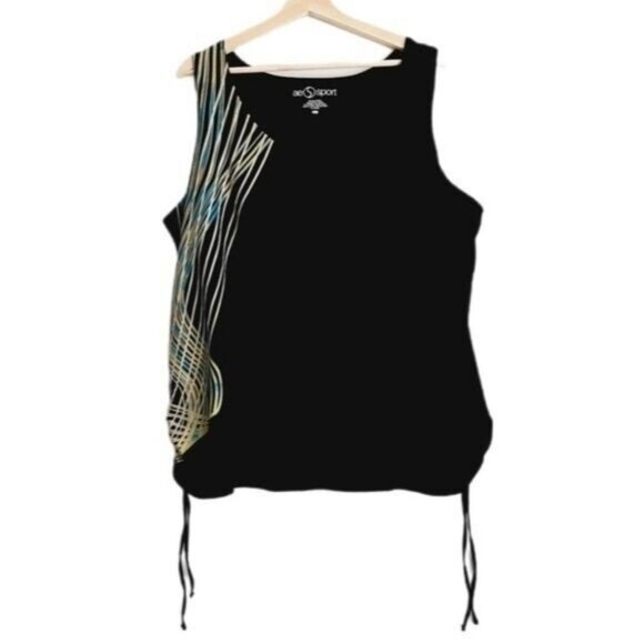 AE SPORT Athletic Tank Top Ruched Sides Black Wave Pattern Sz 4X - Picture 1 of 9